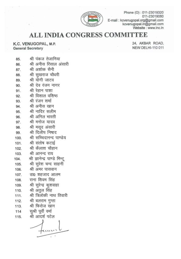 कांग्रेस प्रदेश संगठन की सूची जारी, 16 उपाध्यक्ष और 38 महासचिव घोषित